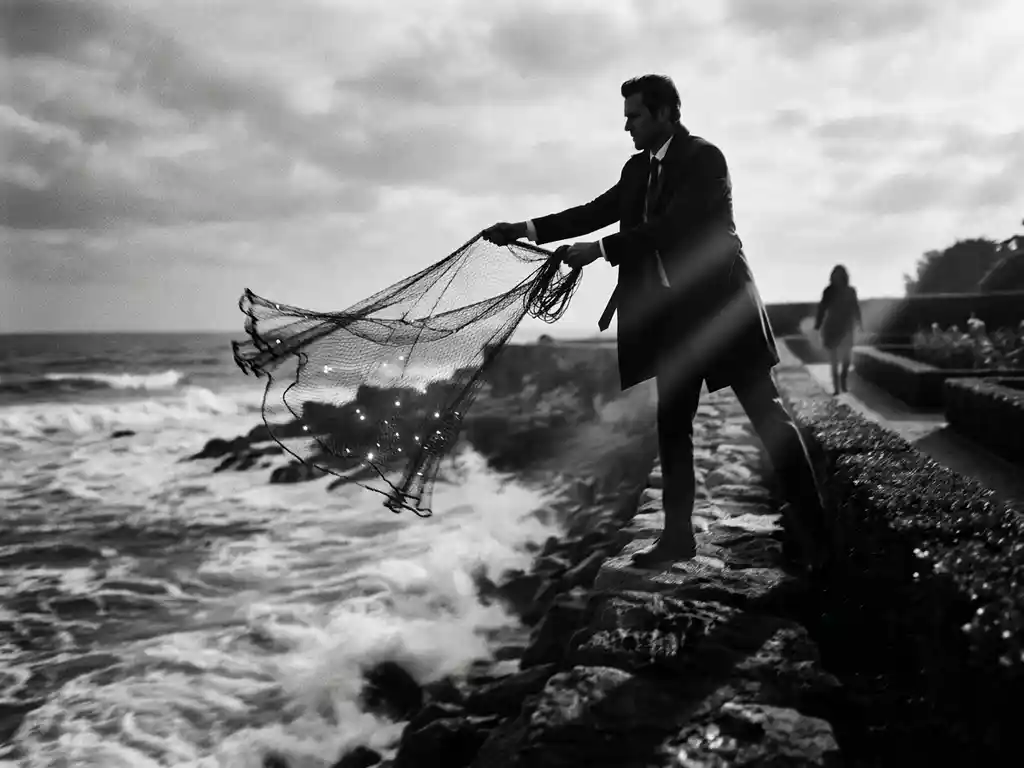 Zakenman in pak gooit visnet vol gloeiende leads in de oceaan, terwijl een figuur een verzorgd tuinpad nadert, zwart-wit.