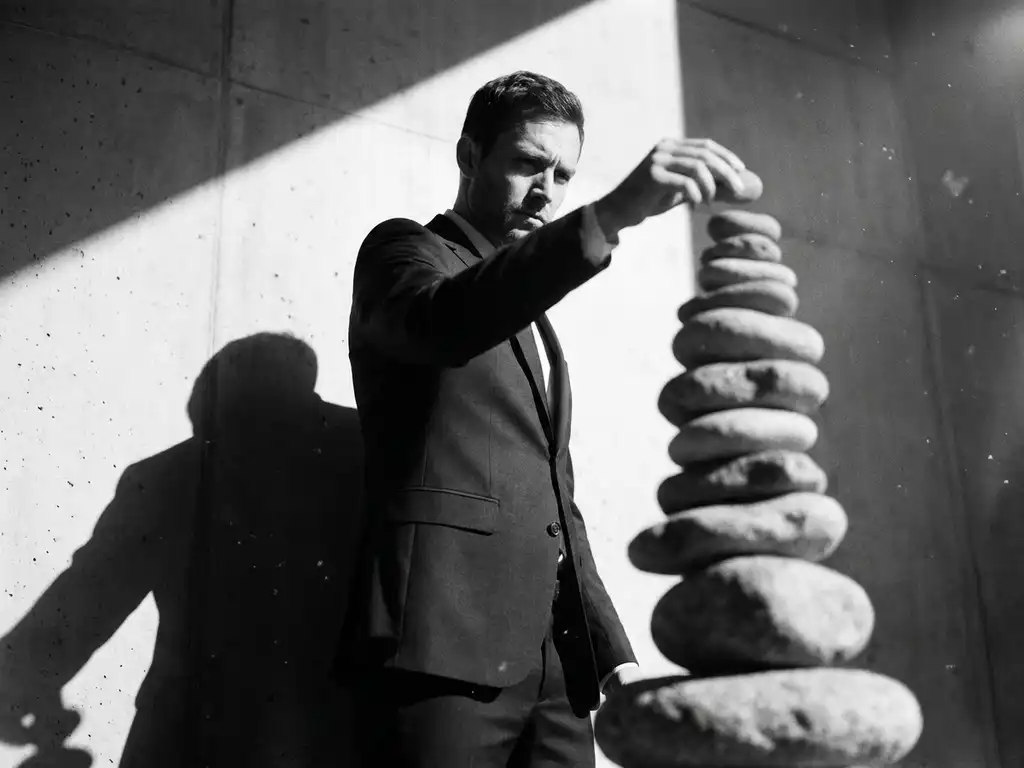 Zakenman in maatpak plaatst laatste steen op hoge, wankele toren van rivierkeien, dramatische zwart-witfotografie.