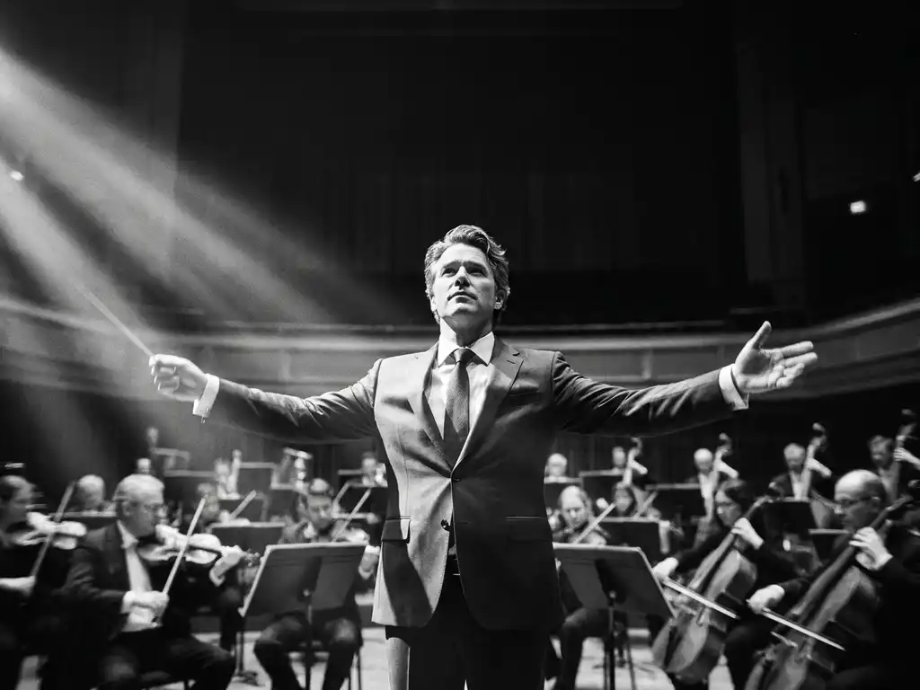 Zakenman in maatpak dirigeert meerdere orkesten tegelijk in concertzaal, dramatische zwart-witfotografie met zijlicht.