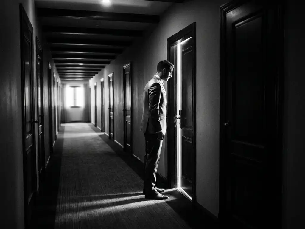Zakenman in maatpak voor een op een kier staande deur in donkere gang, cinematografisch zwart-witbeeld met dramatische schaduwlijnen.