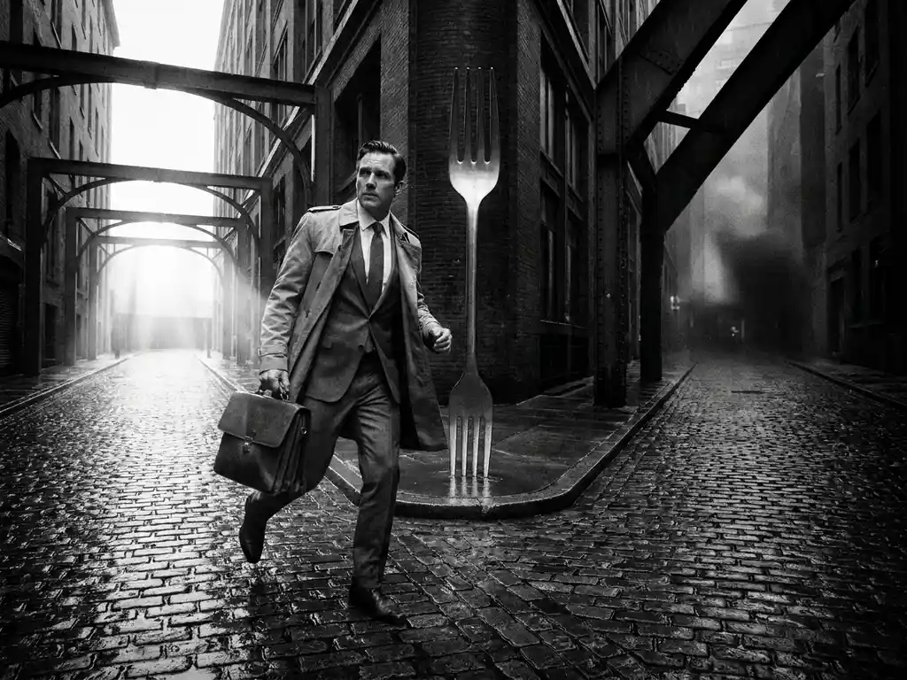 Zakenman in maatpak op een kruispunt in natte stadsstraat, één pad verlicht, ander in schaduw, zwart-wit cinematografisch.