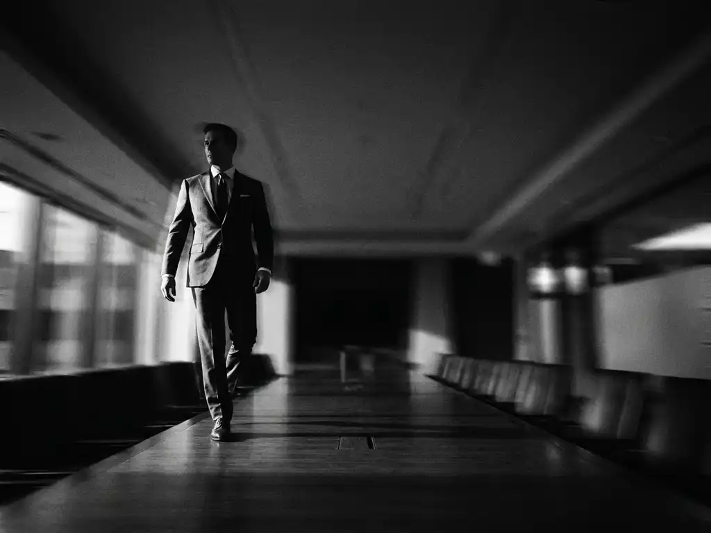Zakenman in pak loopt zelfverzekerd over een lange vergadertafel, cinematografisch zwart-witfoto met dramatisch zijlicht.