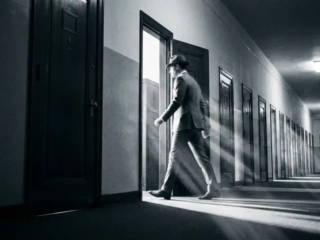Zelfverzekerde zakenman in maatpak die door een lange gang met identieke deuren loopt, één deur staat open, zwart-wit filmfotografie.
