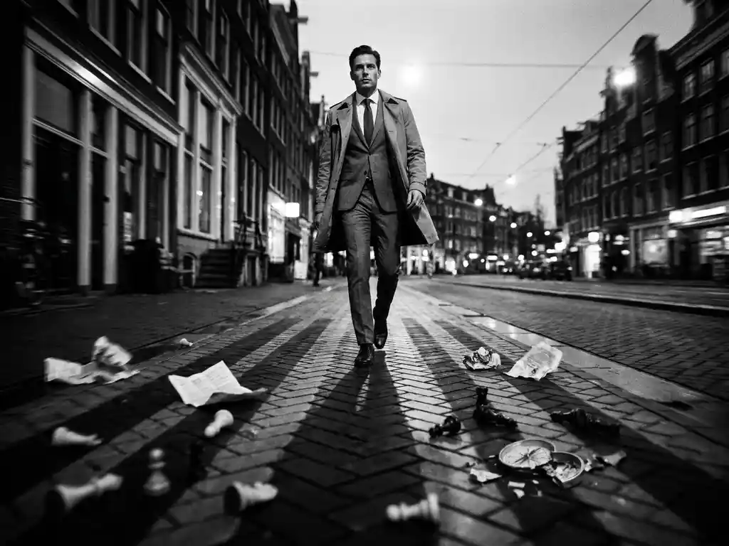 Zakenman in maatpak stapt zelfverzekerd vooruit over Amsterdamse klinkers, terwijl schaakstukken en verfrommeld papier achter hem liggen.
