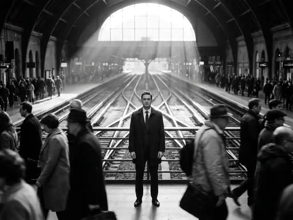 Zelfverzekerde zakenman in maatpak staat roerloos in druk treinstation met wazige forensen en convergerende sporen op de achtergrond.