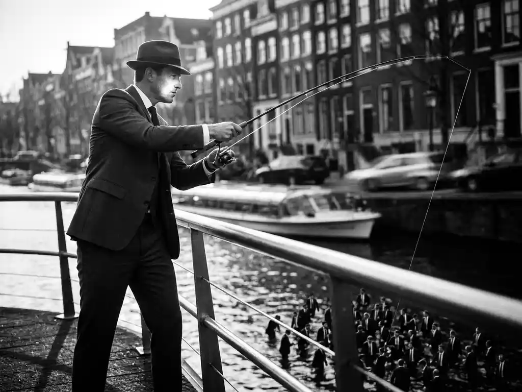 Zakenman in maatpak vist vanaf Amsterdamse grachtenbrug naar menigte miniatuurzakenlieden, surrealistisch editorial met harde zijbelichting.