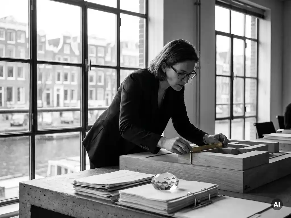 Architecte meet afstanden op schaalmodel met messing liniaal, investeringsdocumenten op betonnen bureau, Amsterdams licht.
