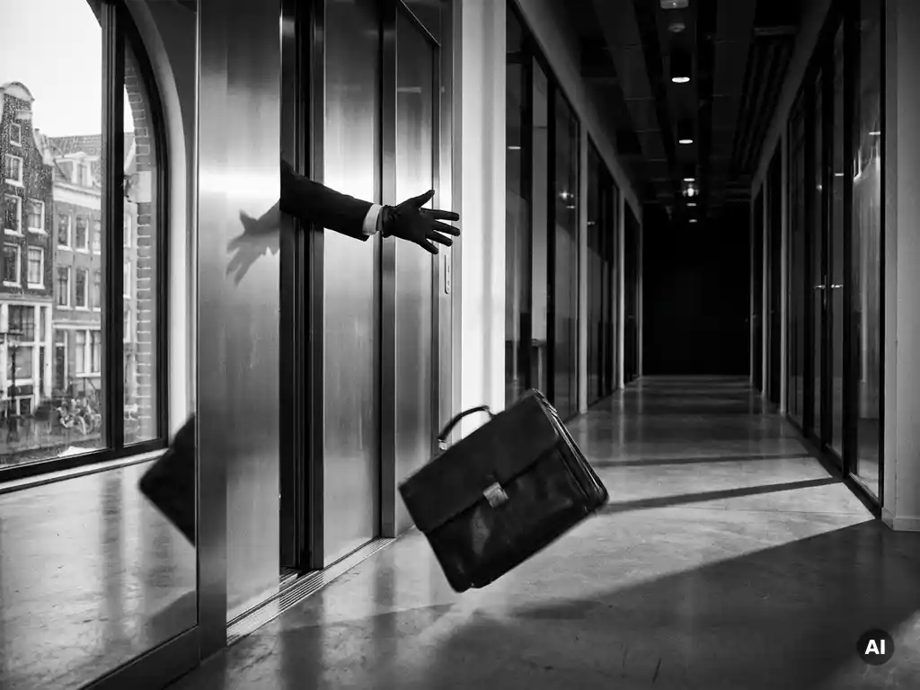 Hand van een zakenman die door een sluitende stalen deur reikt terwijl een leren aktetas valt, Amsterdams kantoorgebouw op de achtergrond.