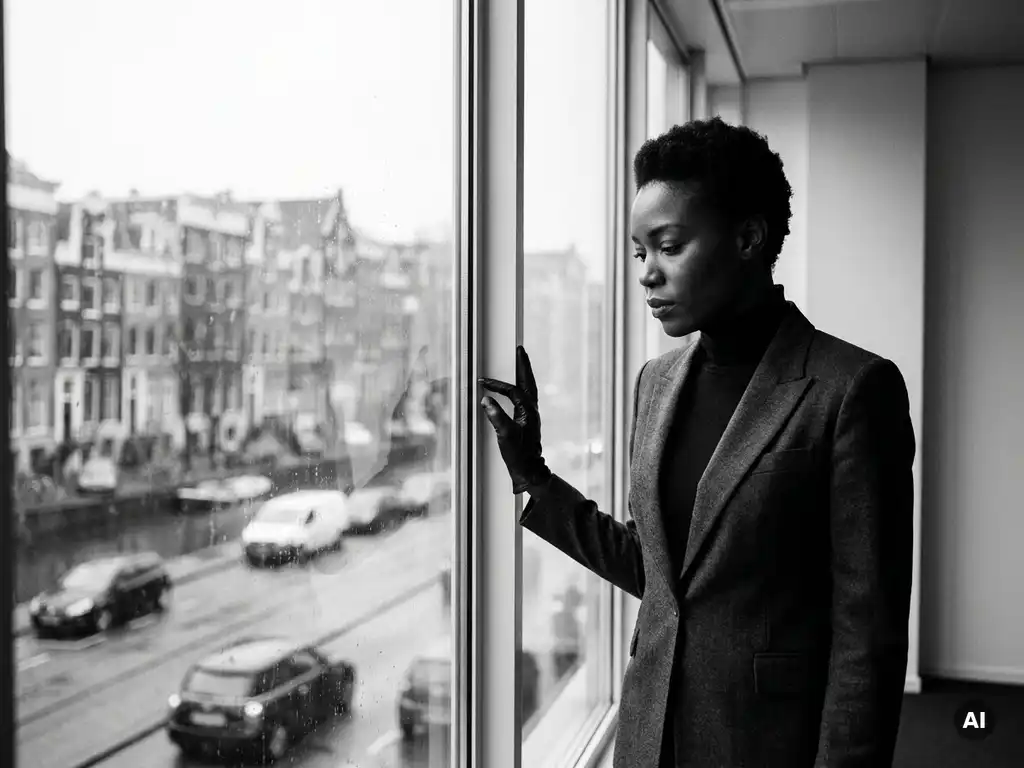 Zelfverzekerde zakenvrouw bij kantoorraam in Amsterdam, uitkijkend over de stad, dramatisch zwart-wit licht.