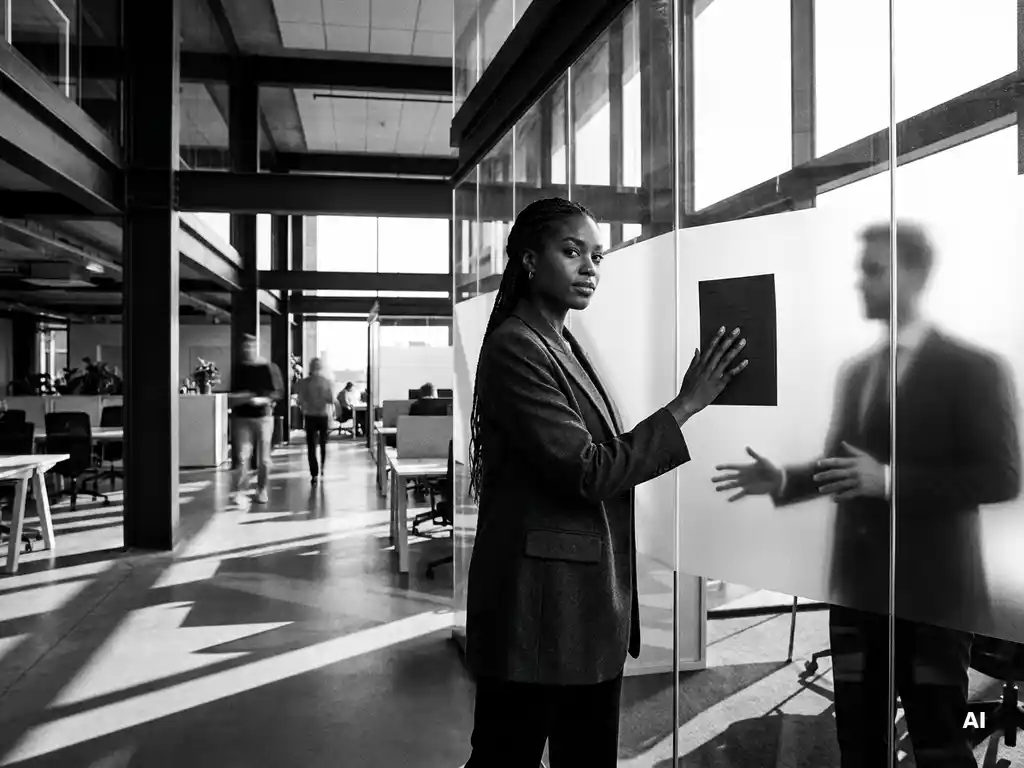 Zelfverzekerde vrouw in blazer die een document overdraagt via een glazen wand aan een collega, moderne kantooromgeving Amsterdam.