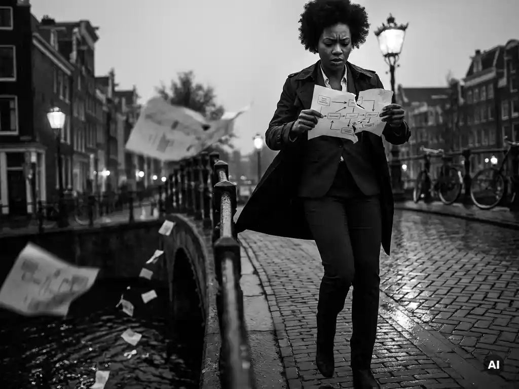 Zwarte zakenvrouw in maatpak op regennat Amsterdams brug bij schemering, terwijl wind marketingtrechter-diagram uiteenrijt boven donker kanaal.