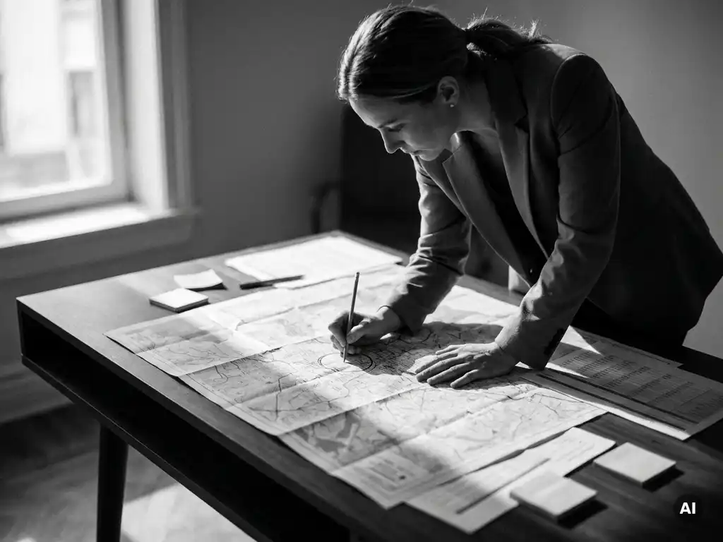 Vrouw die doelzones omcirkelt op een uitgeprinte marktonderzoekskaart, omringd door datavellen en sticky notes.