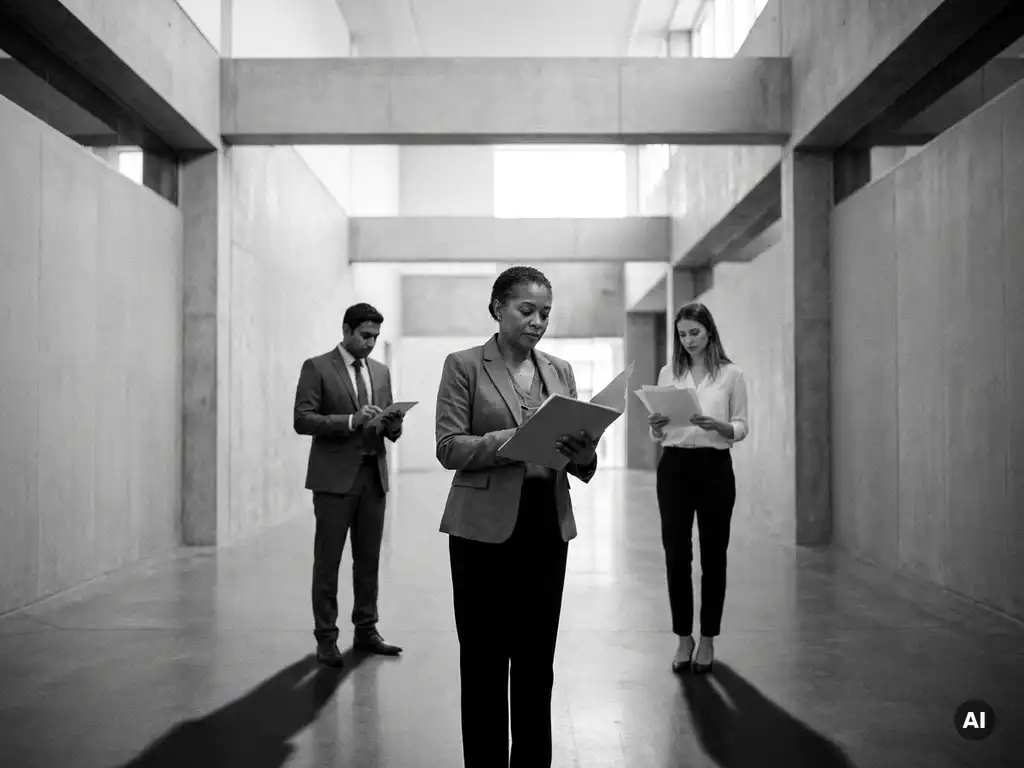 Drie professionals in een minimalistische gang bestuderen afzonderlijke documenten, met zichtbare spanning, dramatisch zwart-wit licht.