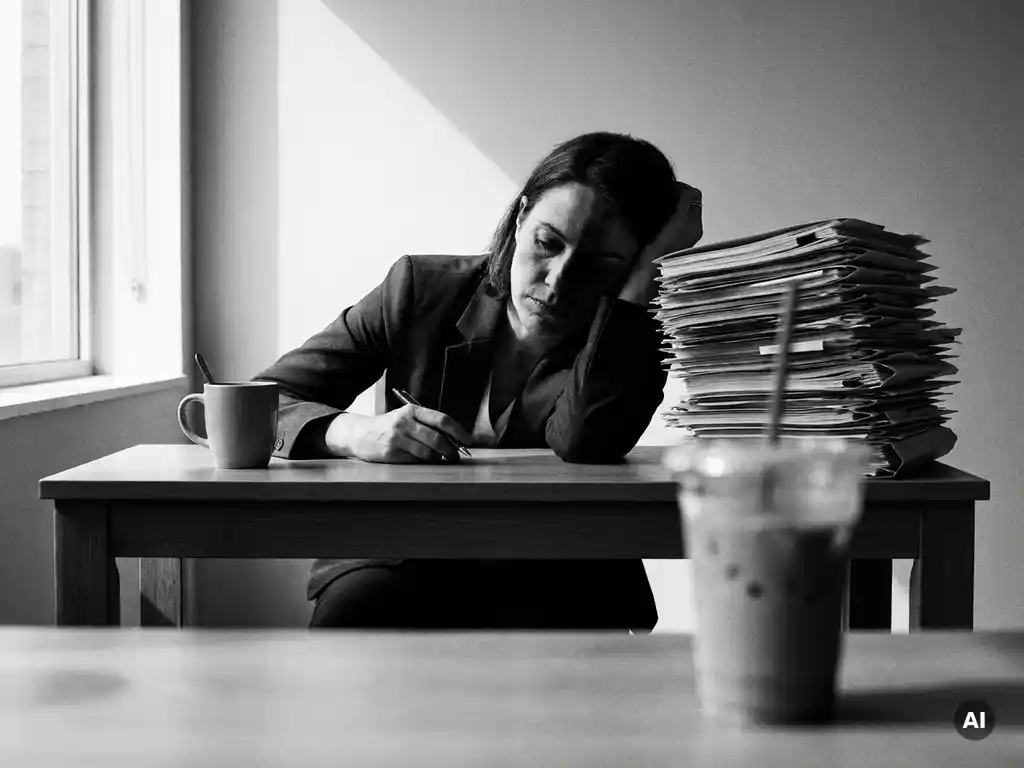 Uitgeputte verkoopster in donker pak, hoofd rustend op bureau naast instabiele stapel mappen en koud kopje koffie, dramatisch zwart-witlicht.