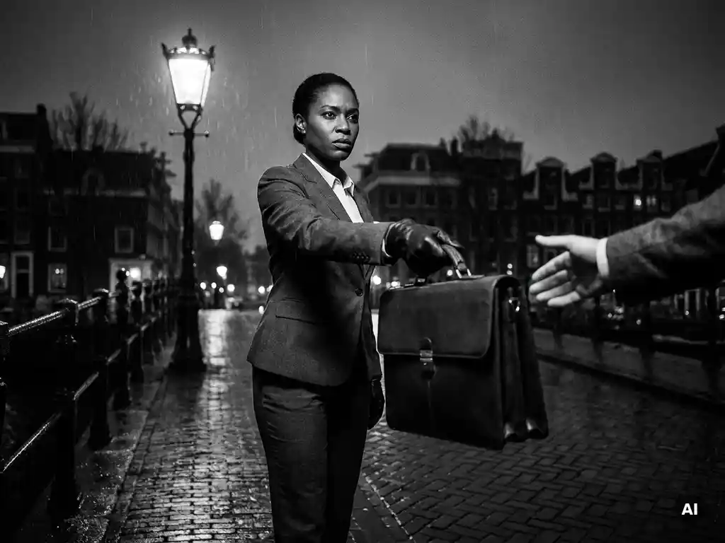 Zelfverzekerde vrouw in krijtstreeppak overhandigt leren aktetas op natte Amsterdamse grachtenbrug bij dramatisch lantaarnlicht.