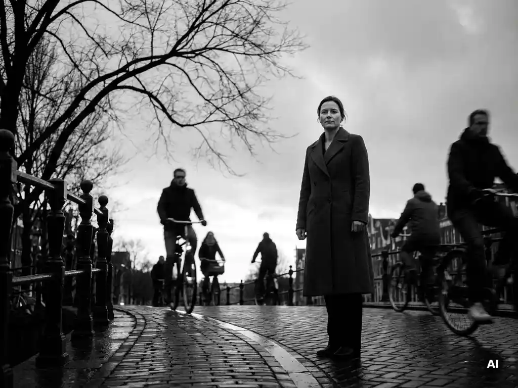 Zelfverzekerde zakenvrouw in donkere jas op Amsterdamse grachtenbrug bij schemering, omgeven door bewegingsonscherpte fietsers.