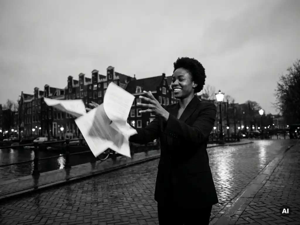 Zelfverzekerde vrouw in blazer gooit papieren de lucht in op een Amsterdamse grachtenbrug, zwart-witfoto met bewegingsonscherpte.