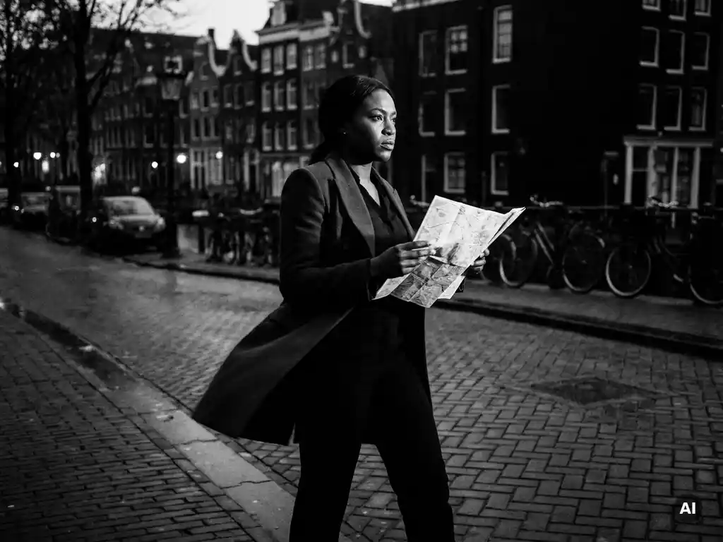 Zelfverzekerde vrouw bestudeert een papieren kaart lopend langs een natte Amsterdamse gracht, zwart-witfoto met hoog contrast.
