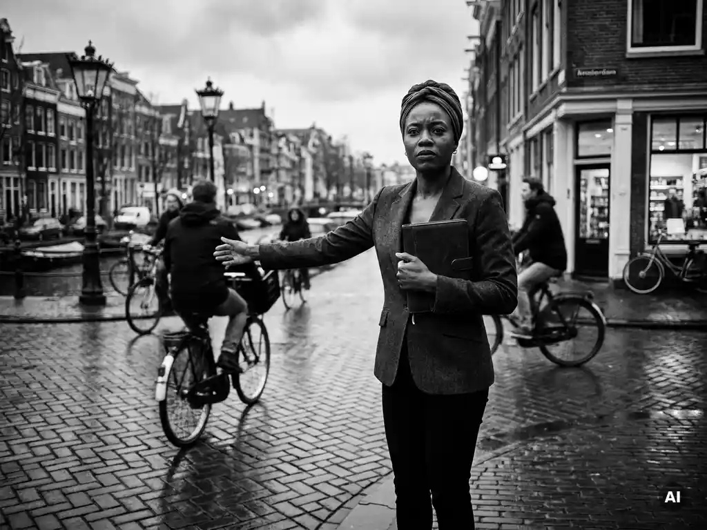 Zelfverzekerde vrouw in blazer op Amsterdamse gracht, hand uitgestoken naar voorbijgangers, notitieboek tegen borst, zwart-wit editorial stijl.