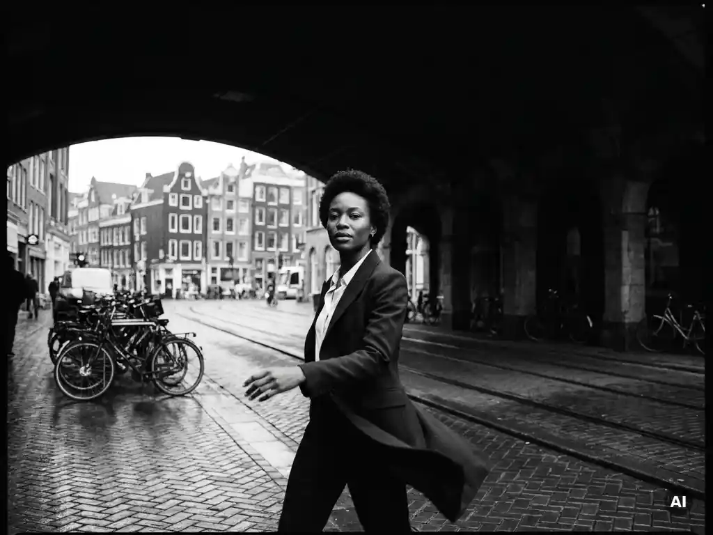 Zelfverzekerde zwarte vrouw in getailleerd blazer loopt doelgericht door een regenachtige Amsterdamse straat, zwart-wit editoriaal portret.