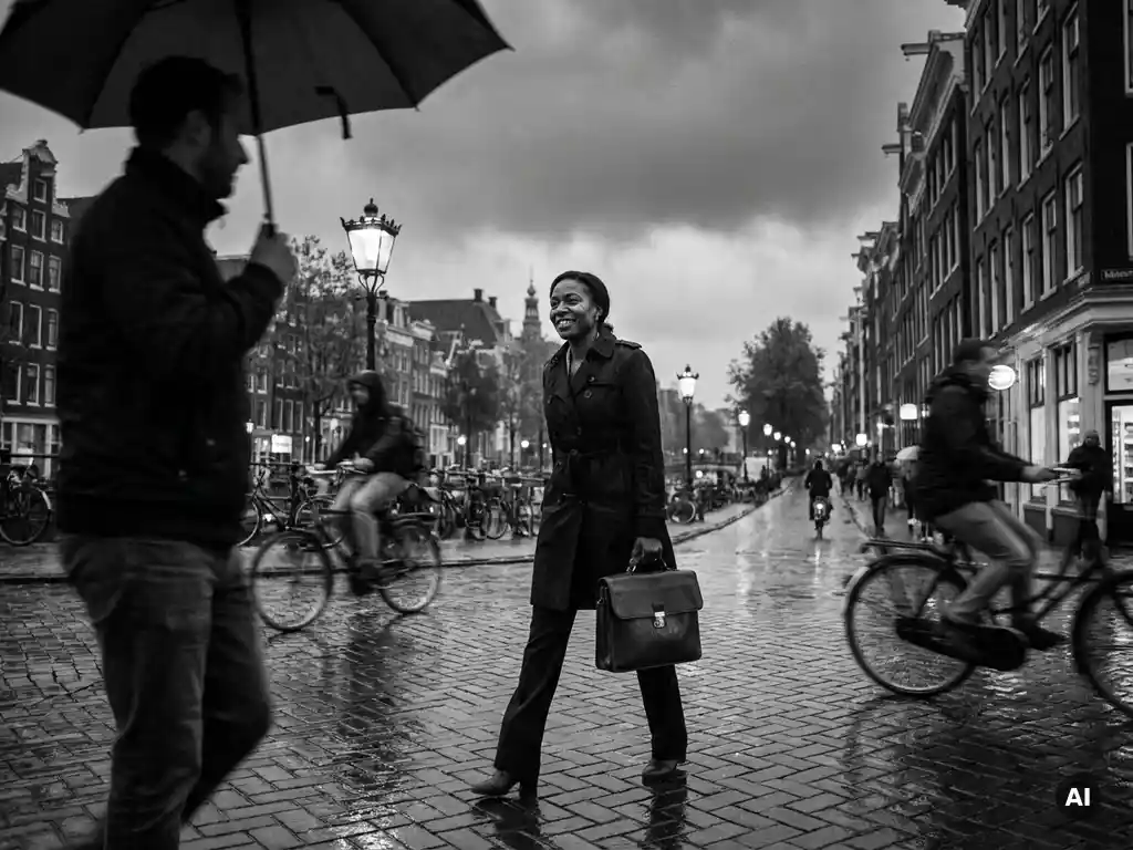 Zelfverzekerde vrouw in zakelijke kleding loopt met aktetas over natte kinderkopjes in Amsterdam, oogcontact met voorbijganger, zwart-wit.