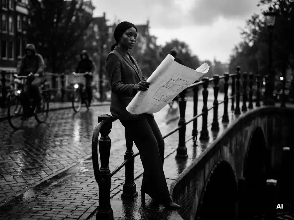 Zelfverzekerde vrouw in maatpak bestudeert architectuurtekening op een Amsterdamse grachtenbrug bij schemering, zwart-wit editoriaal.