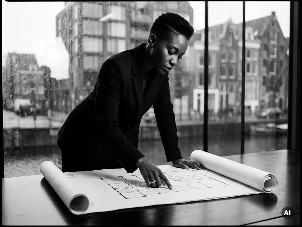 Zwarte vrouw in blazer bestudeert architectonisch plattegrond op bureau, modern Amsterdams kantoor op achtergrond, dramatische zwart-witfotografie.