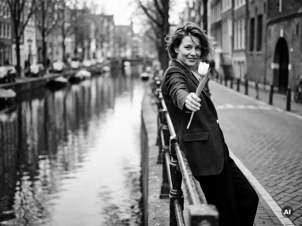 Zelfverzekerde vrouw in blazer leunt tegen Amsterdamse kanaalbrug, reikt witte tulp naar kijker, zwart-witfoto.