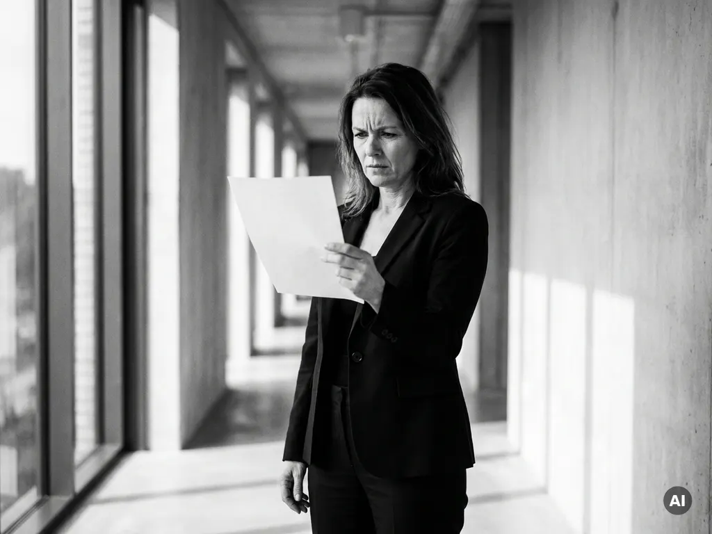 Vrouw in zakelijke kleding bestudeert aandachtig een document in een minimalistisch Amsterdams kantoor, zwart-witfotografie.