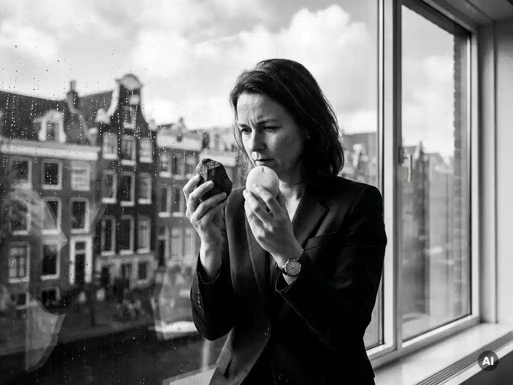 Vrouw in blazer vergelijkt ruwe en gepolijste steen bij kantoorraam met Amsterdamse grachtenarchitectuur op de achtergrond.