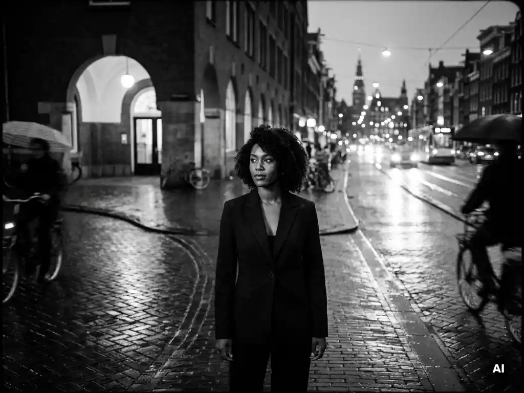 Zelfverzekerde vrouw in blazer op natte Amsterdamse straathoek bij schemering, staand tussen twee paden met bokeh stadslichten.
