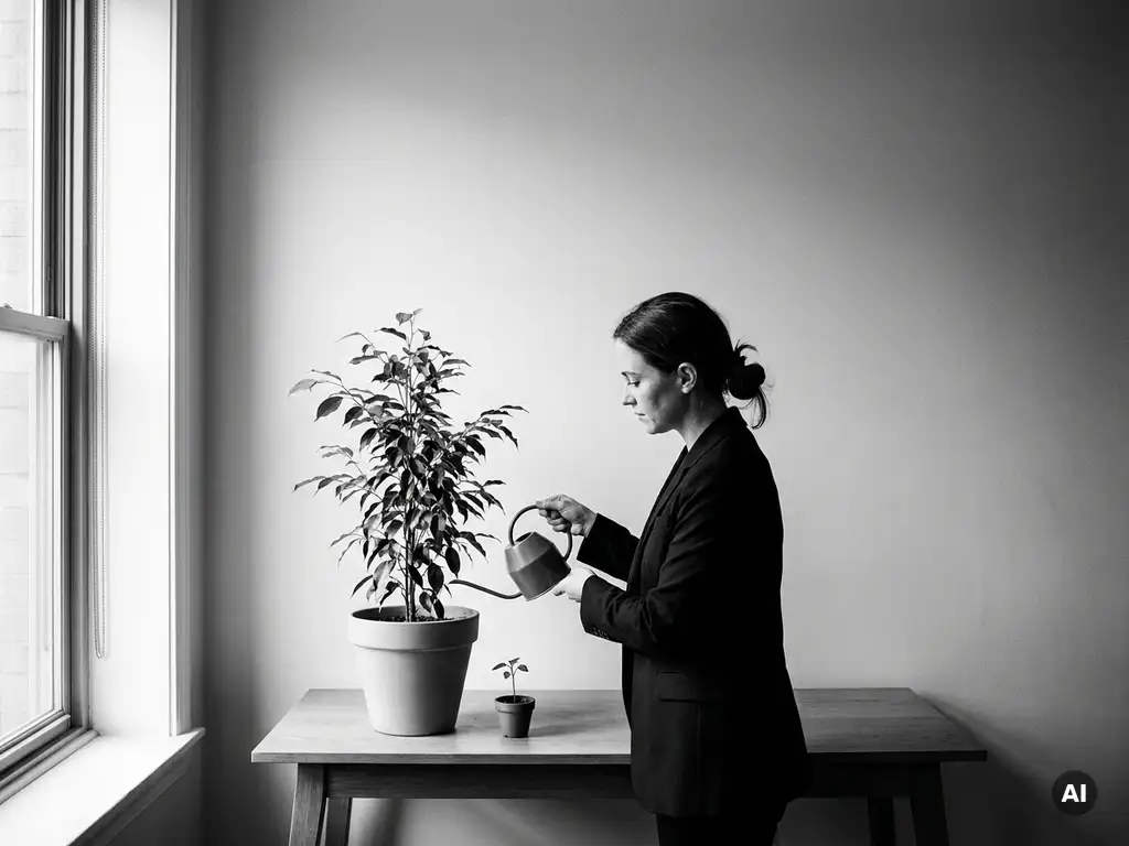 Vrouw in getailleerd donker blazer geeft water aan grote kamerplant op minimalistisch bureau, met klein zaailing ernaast.