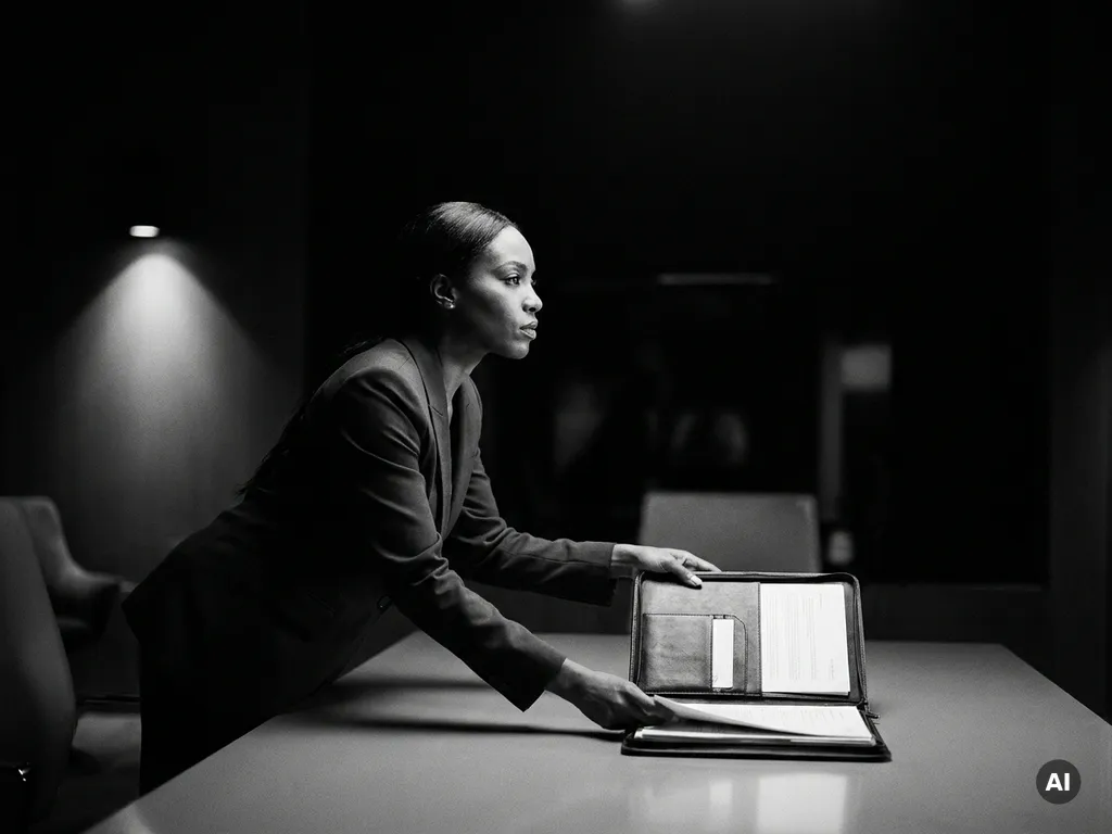Zelfverzekerde zakenvrouw in blazer presenteert portfolio aan klant aan strak bureau, dramatische zwart-witfotografie met hoog contrast.