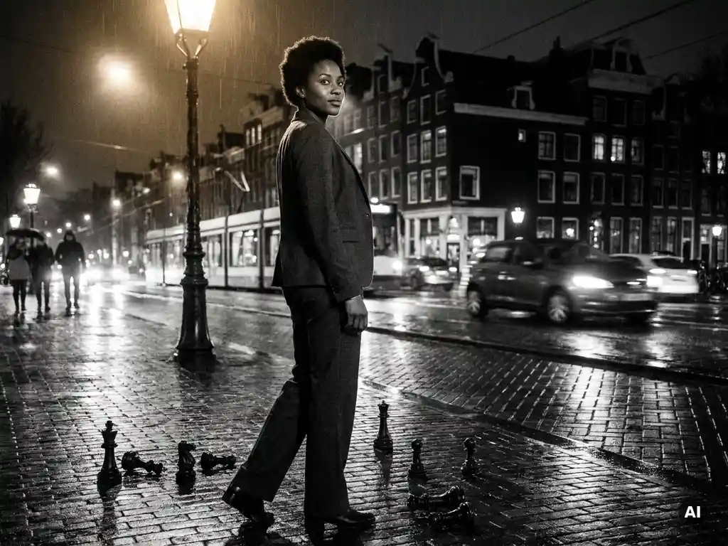 Zelfverzekerde vrouw in maatpak op regenachtig Amsterdams straatje, omringd door schaakstukken, dramatisch zijlicht, zwart-witfotografie.