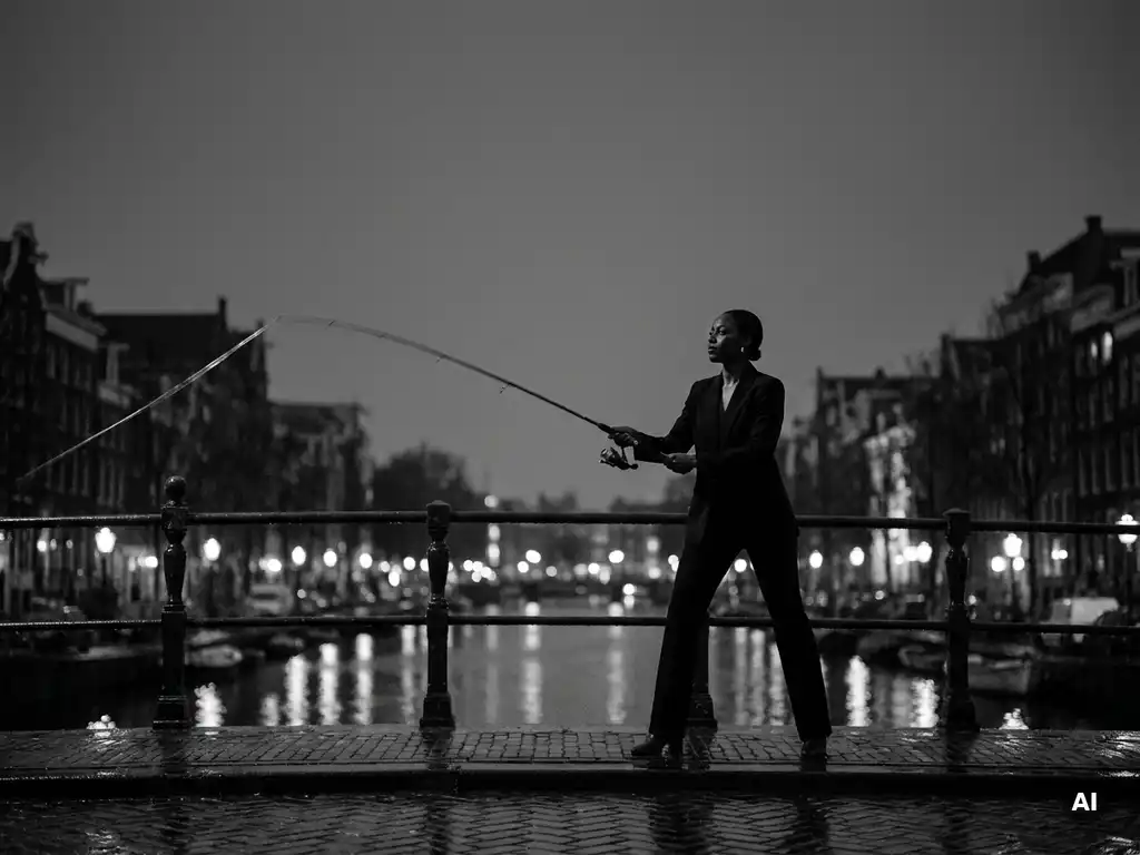 Zelfverzekerde vrouw in blazer werpt hengellijn vanaf natte Amsterdamse grachtenbrug bij schemering, cinematografisch zwart-witbeeld.