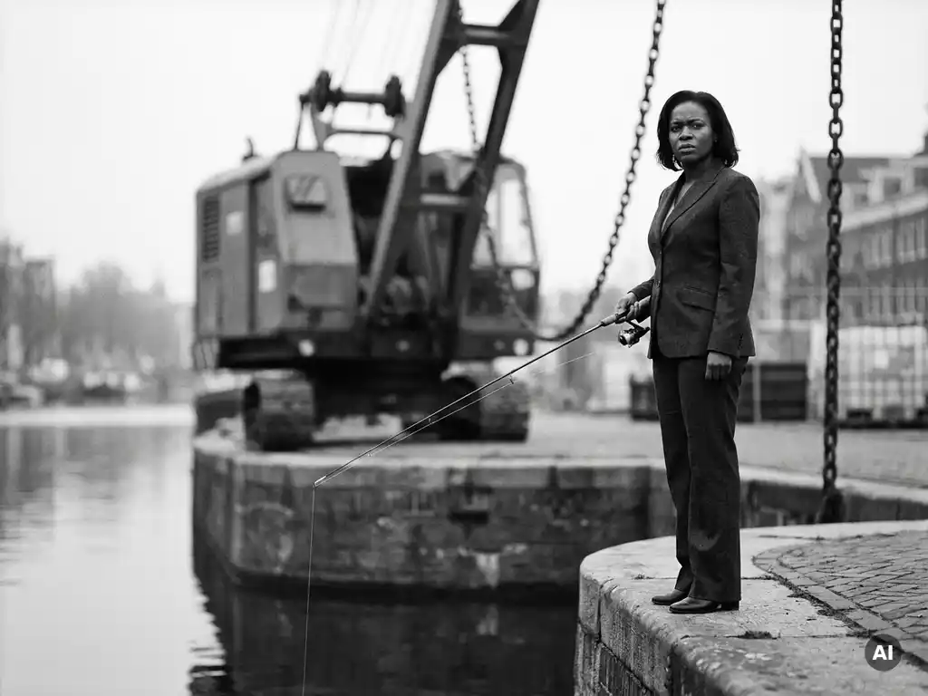 Zelfverzekerde vrouw in krijtstreeppak vist vanaf Amsterdamse brug, terwijl een industriële kraan op de achtergrond kettingen ophijst.