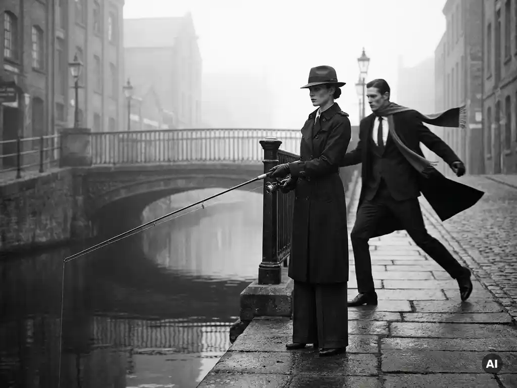 Zakenvrouw vist vanaf stadsbrug in mistige gracht, terwijl collega in wapperende jas voorbijloopt; zwart-witfoto met cinematografisch contrast.