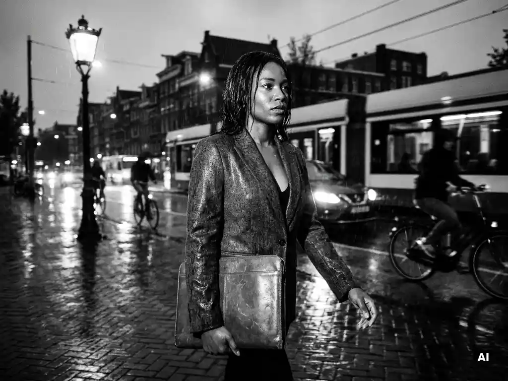 Zelfverzekerde vrouw in donker blazer loopt doelgericht door natte Amsterdamse straat bij schemering, leren portfolio onder de arm.