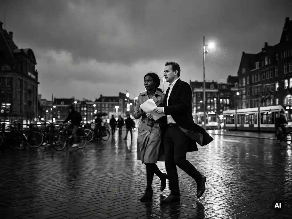 Twee professionals delen documenten tijdens een doelgerichte wandeling door een regenachtige Amsterdamse straat in de schemering.