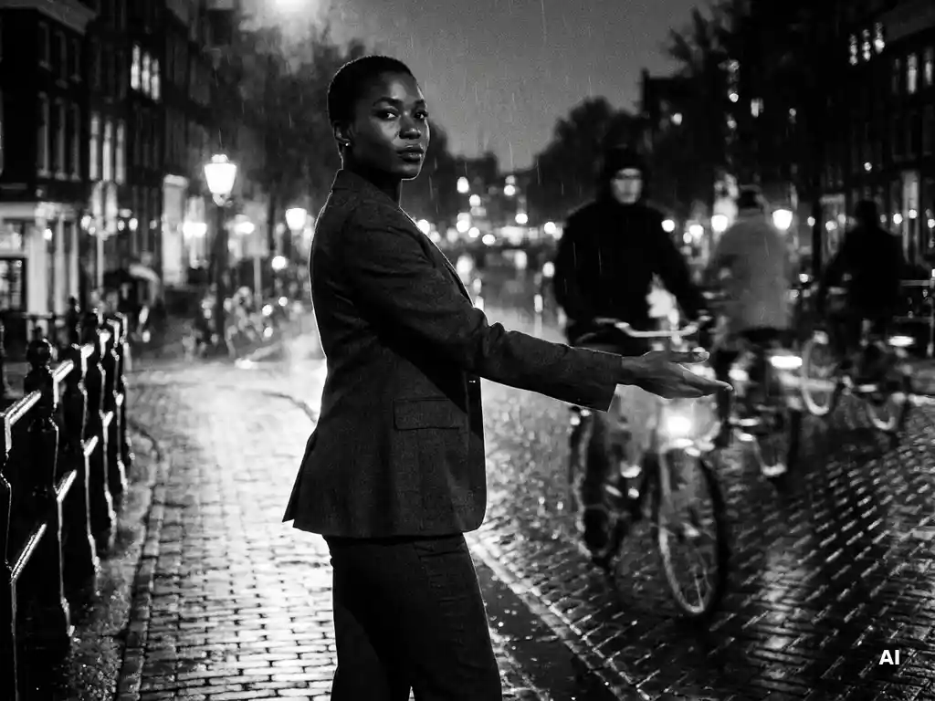 Zelfverzekerde zwarte vrouw in maatpak op natte Amsterdamse brug, hand uitgestoken in openhartig gebaar, cinematografisch zwart-wit.