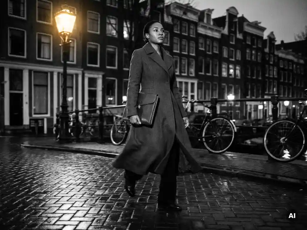 Zelfverzekerde vrouw in maatjas loopt doelgericht over een natte Amsterdamse grachtenbrug, leren portfolio onder de arm, dramatisch zijlicht.
