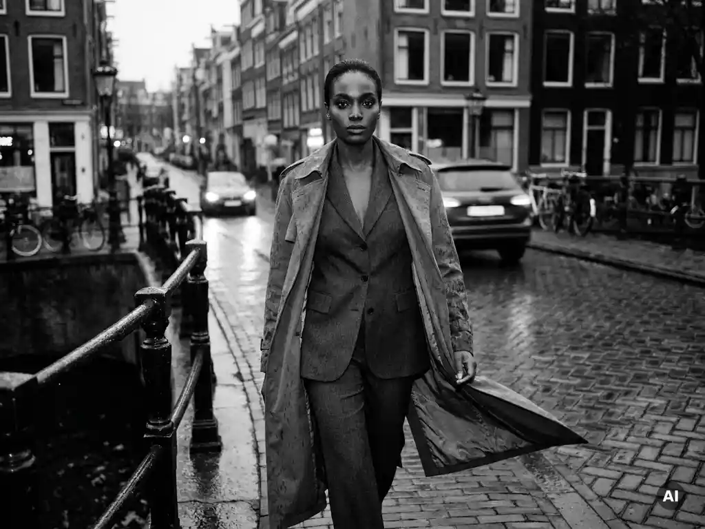 Zelfverzekerde vrouw in maatpak loopt vastberaden over een natte Amsterdamse grachtenbrug, cinematografisch zwart-witportret.