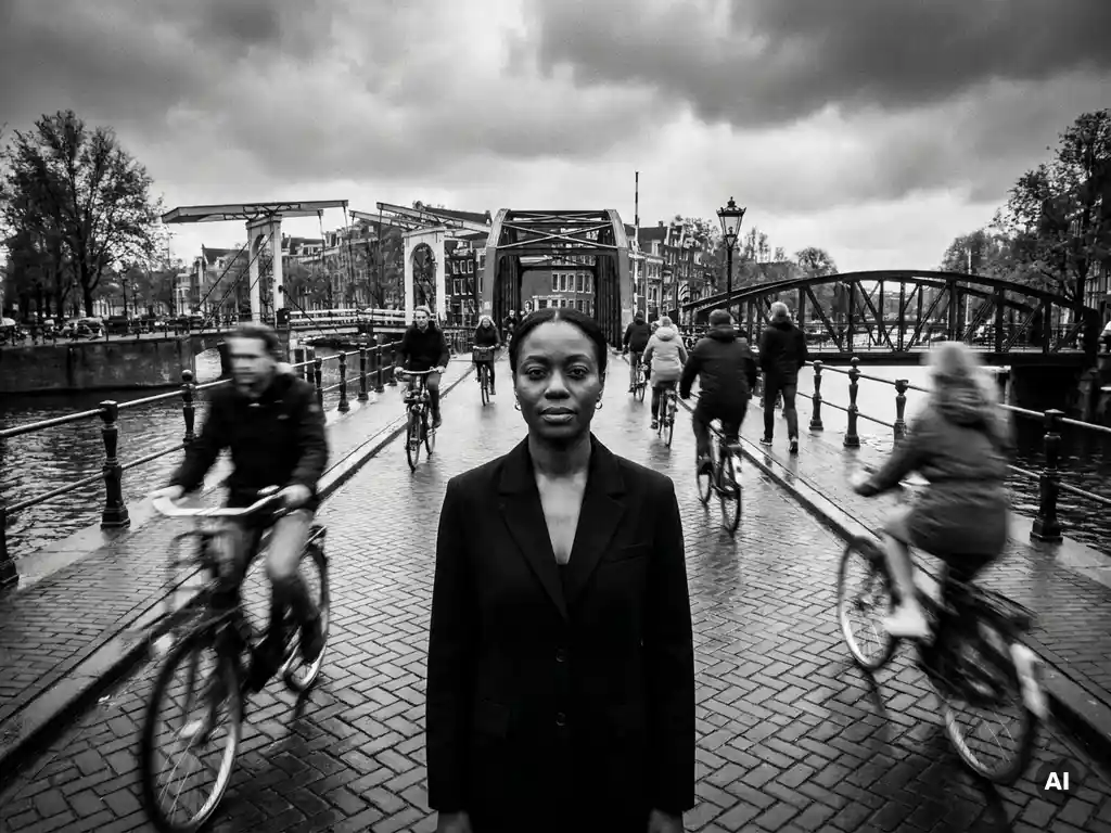 Zelfverzekerde Zwarte vrouw in krijtstreepblazer op een drukke Amsterdamse grachtenbrug, omringd door bewegende fietsers in zwart-wit.