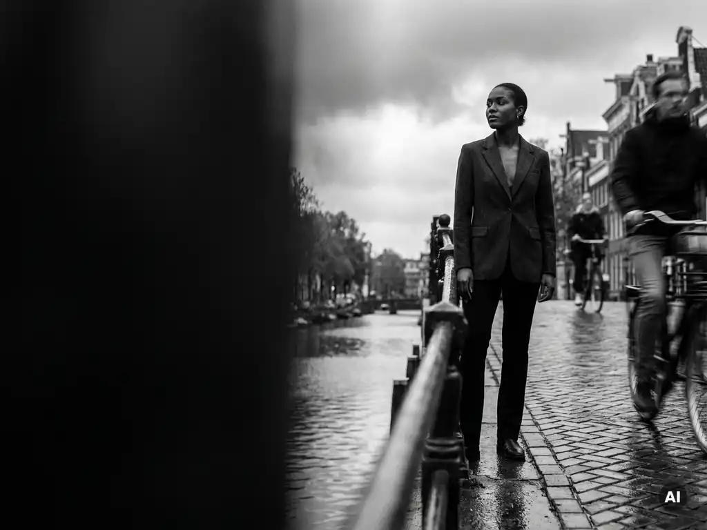 Zelfverzekerde Zwarte vrouw in getailleerd blazer op natte Amsterdamse grachtenbrug, omringd door bewegingsonscherpte van fietsers.
