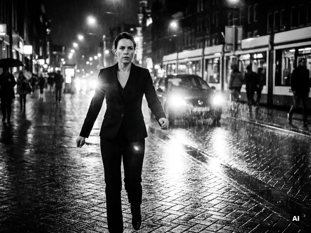 Zelfverzekerde vrouw in maatpak stapt doelgericht door natte Amsterdamse straat bij nacht, cinematografisch zwart-witfoto met bewegingsonscherpte.