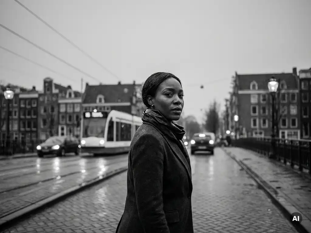 Zelfverzekerde vrouw in donker blazer kijkt achterom op een natte Amsterdamse straat, zwart-wit documentairefoto met filmkorrel.