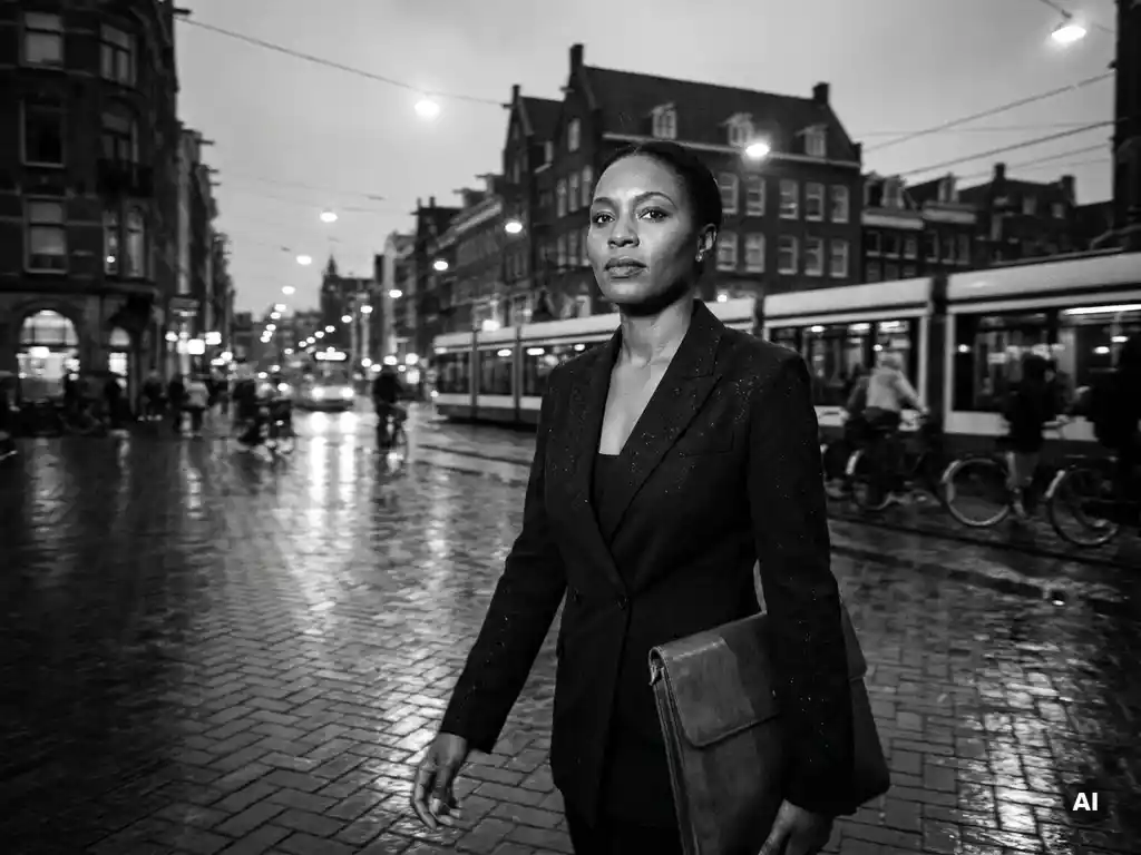 Zelfverzekerde vrouw in blazer loopt doelgericht door een regenachtige Amsterdamse straat bij schemering, leren portfolio onder haar arm.