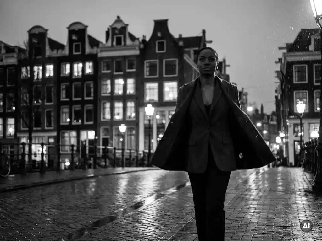 Zelfverzekerde Zwarte vrouw in donker blazer loopt vastberaden door regenachtige Amsterdamse straat bij schemering, dramatische zijverlichting.