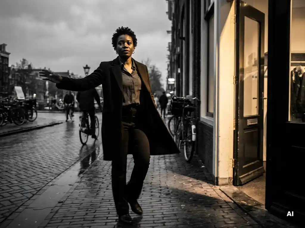 Zelfverzekerde zwarte vrouw in getailleerd blazer loopt doelbewust door natte Amsterdamse straat, dramatisch zijlicht, zwart-wit documentairestijl.