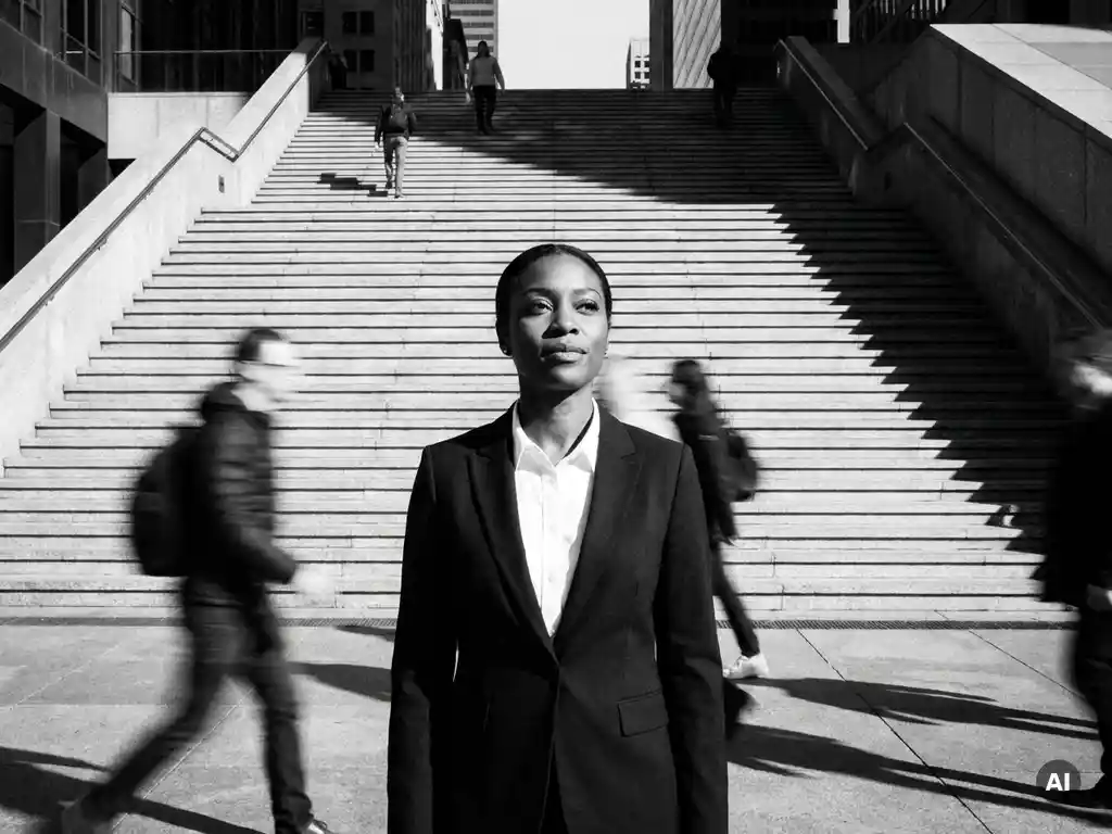 Zelfverzekerde zwarte vrouw in getailleerd blazer aan de voet van een brede betonnen trap, blik omhoog gericht, dramatische zwart-witfotografie.